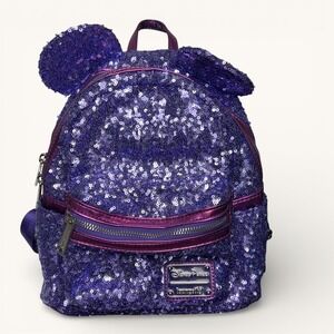 Disney Parks Loungefly Purple Sequin Minnie Ears Mini Backpack